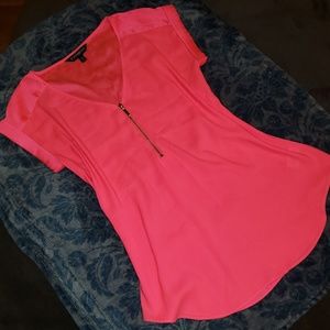 Bright Pink Silky Satin Zipper Blouse
